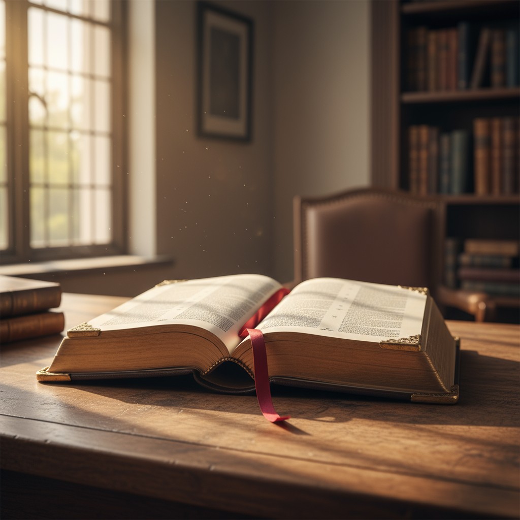 Richly illustrated brown hardback antique book with text on pages, red bookmark ribbon and gold detailing on cover, open t...