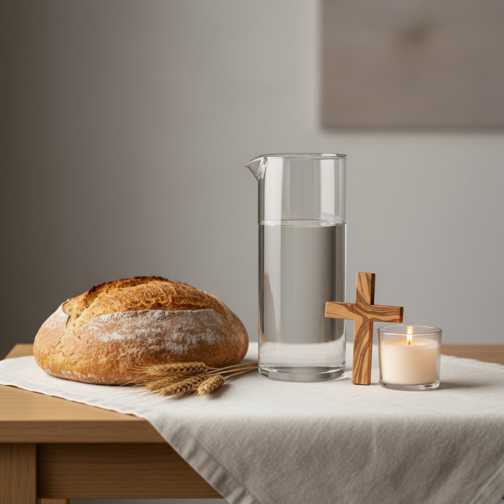 Bread and glass of water beside a wooden cross, with a candle and a mimimalist interior setting, suggesting an altar table...