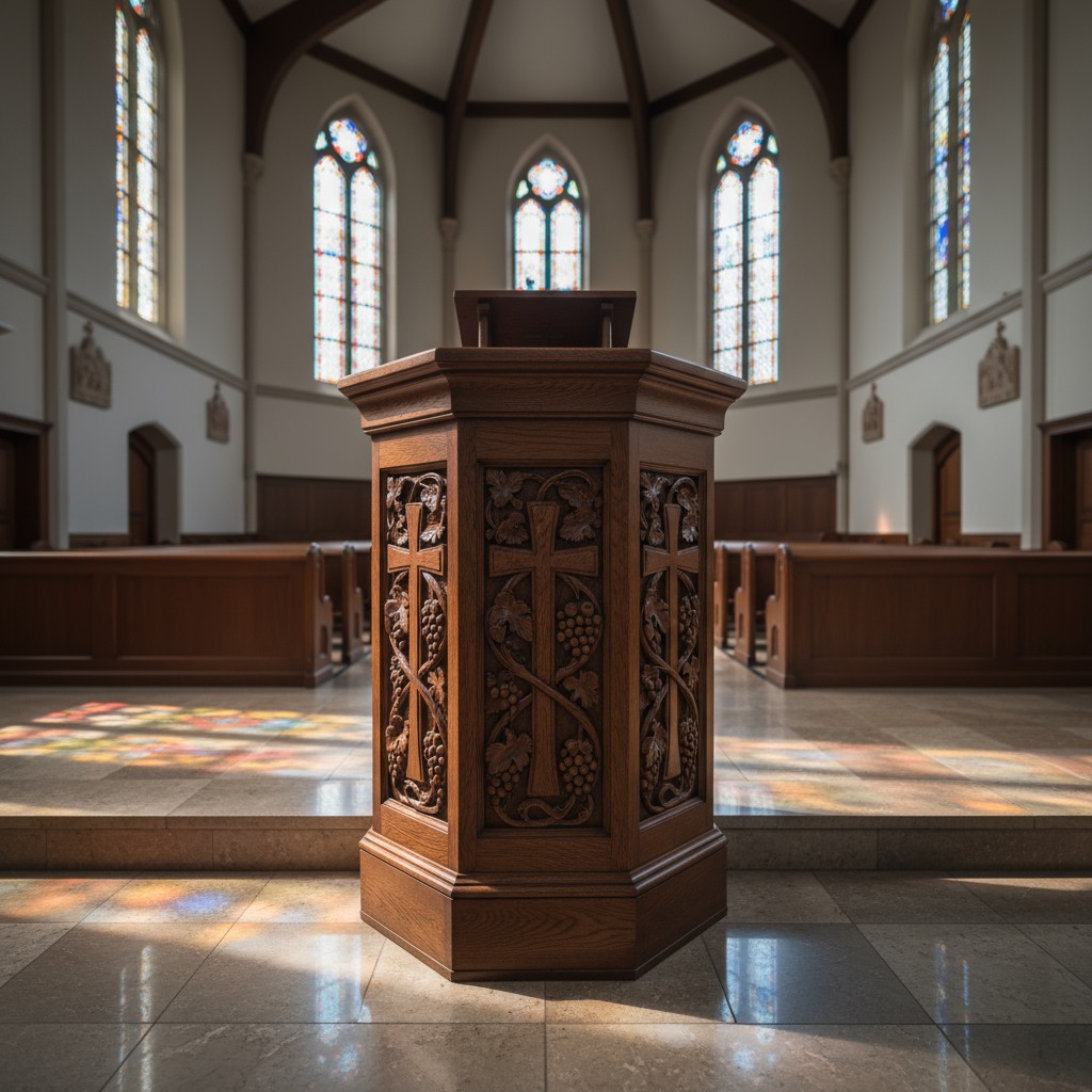 The image shows an ornate wooden pulpit in a church or cathedral. The pulpit is large and made of dark wood with a cross c...