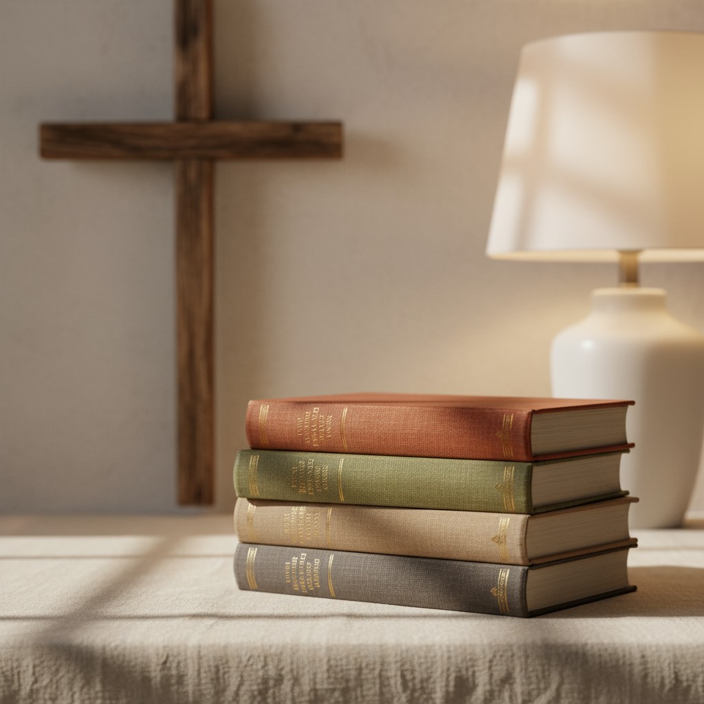 A stack of books with a large wooden cross and a white lamp in the background sitting on a table with a beacon tablecloth.