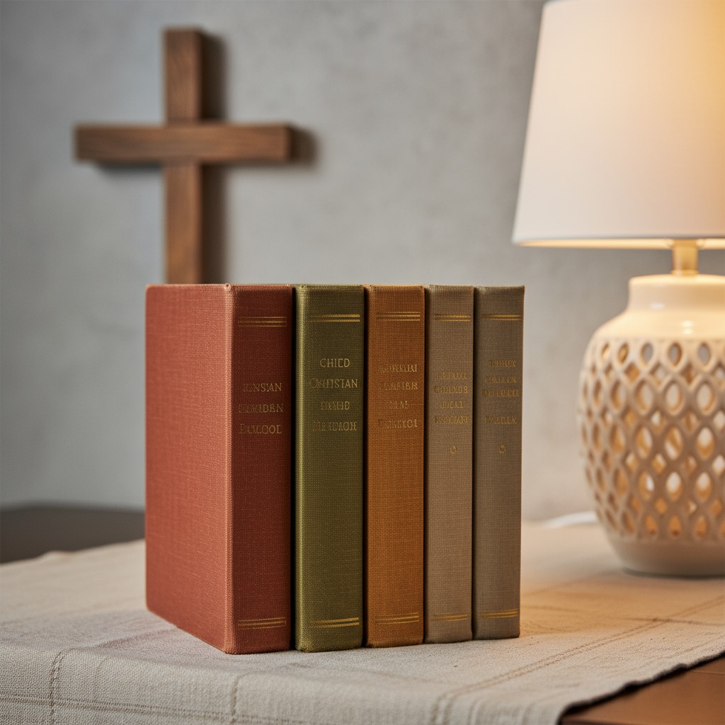 A stack of books on a table, with a cross and lamp in the background.