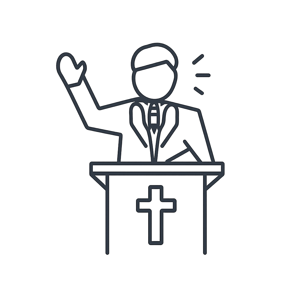 A man in a suit sits at a table adorned with a cross, gesturing upwards with his right hand.